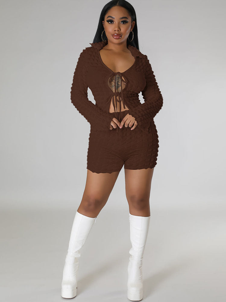 Two Piece Bubble Tie Up Crop Top Shorts