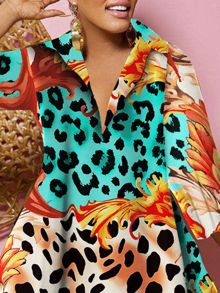 Long Sleeves V Neck Print Midi Dress