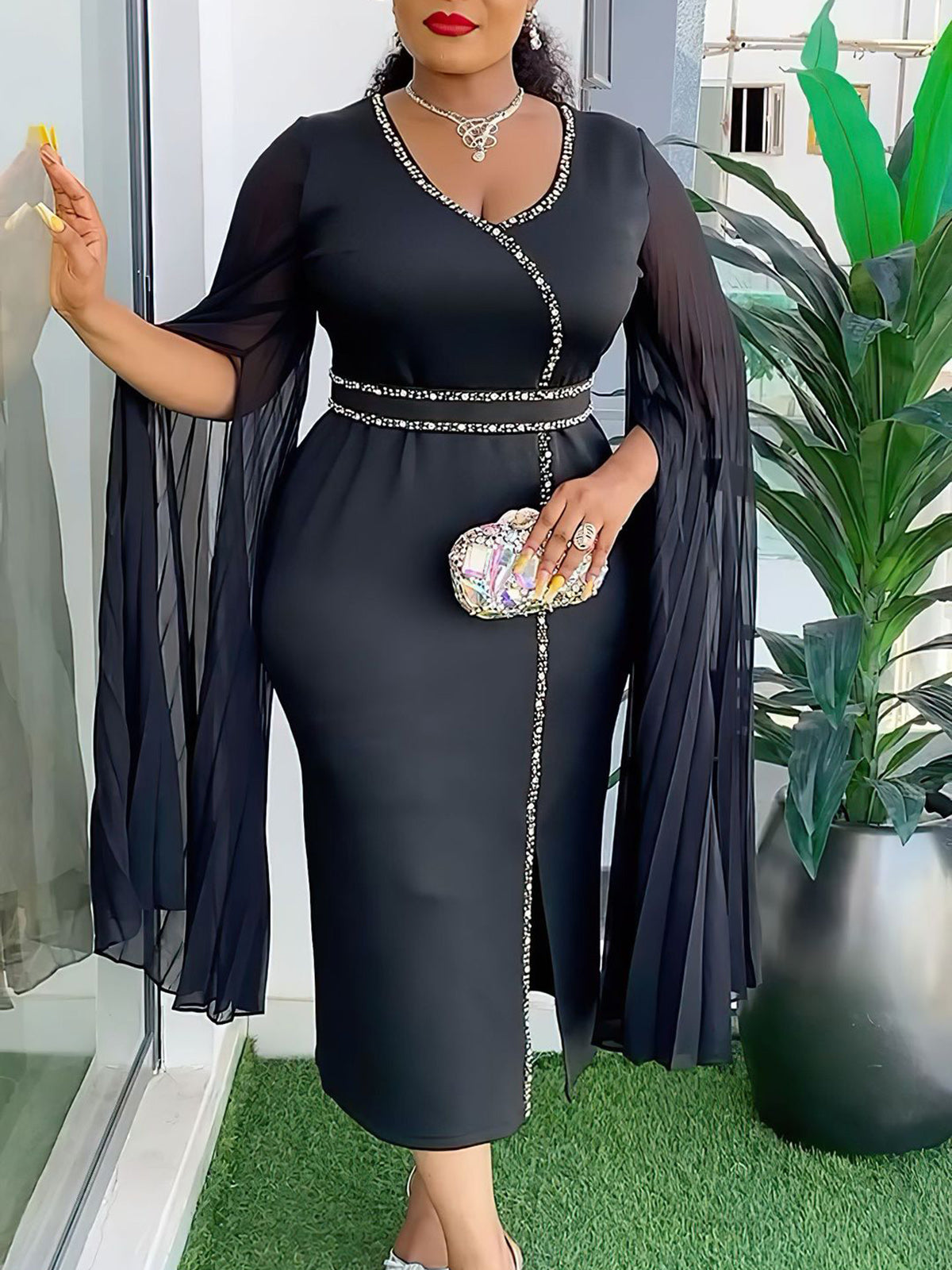 Plus Size Pleated Long Sleeve Beaded Bodycon Dress