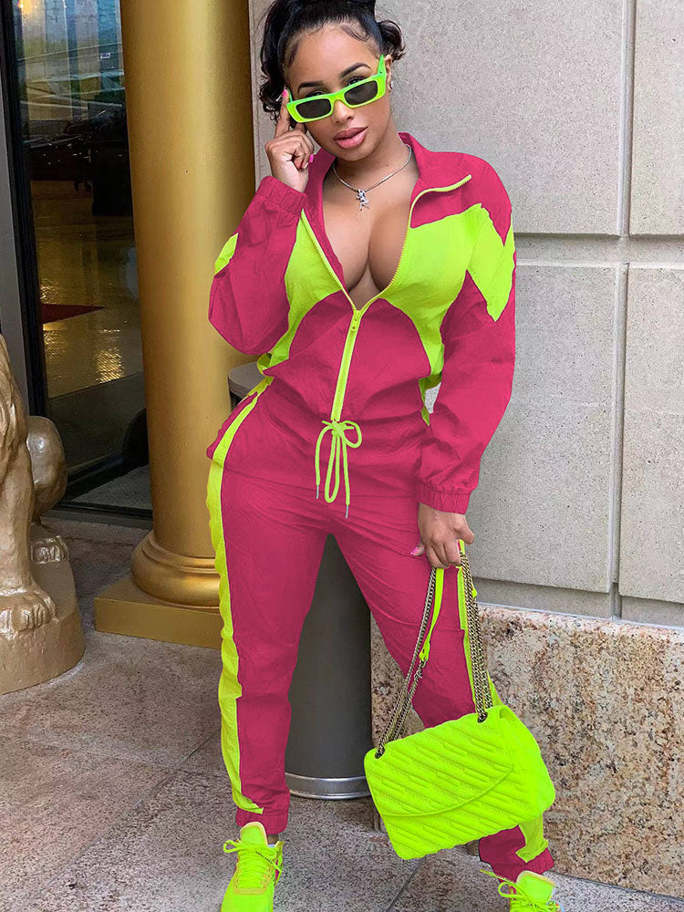 Two Piece Color Block Zip Up Top Long Pants