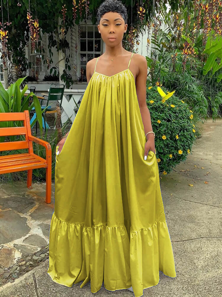 Plus Size Spaghetti Strap Ruffle Beach Maxi Swing Dress