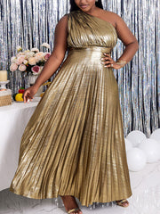 One-Shoulder Glitter Pleated Maxi Dress
