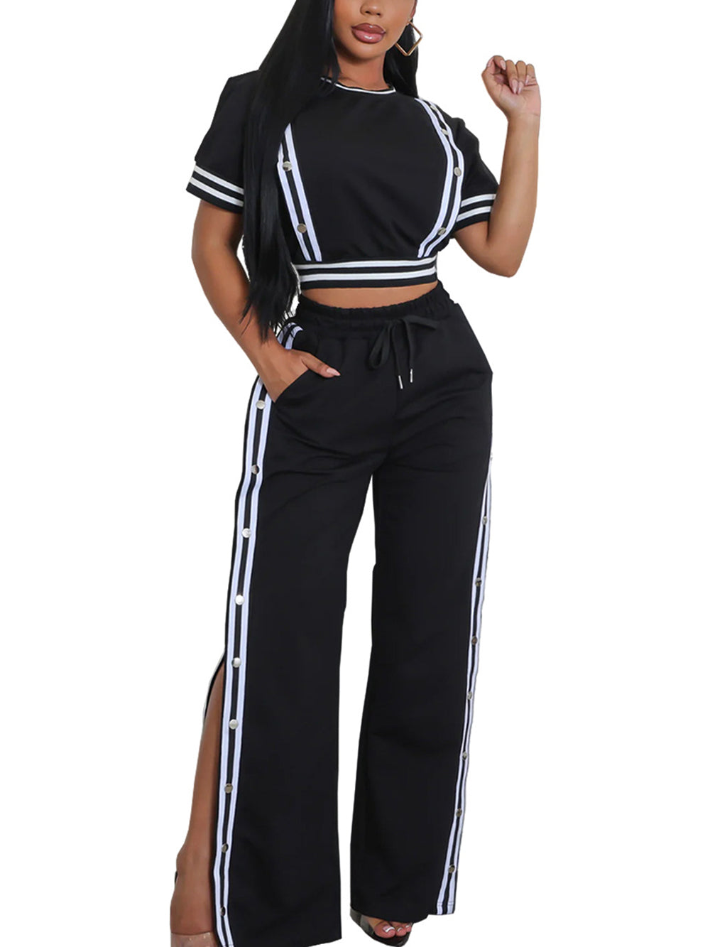 Two Pieces Side Stripe Top Split Wide-Leg Pants