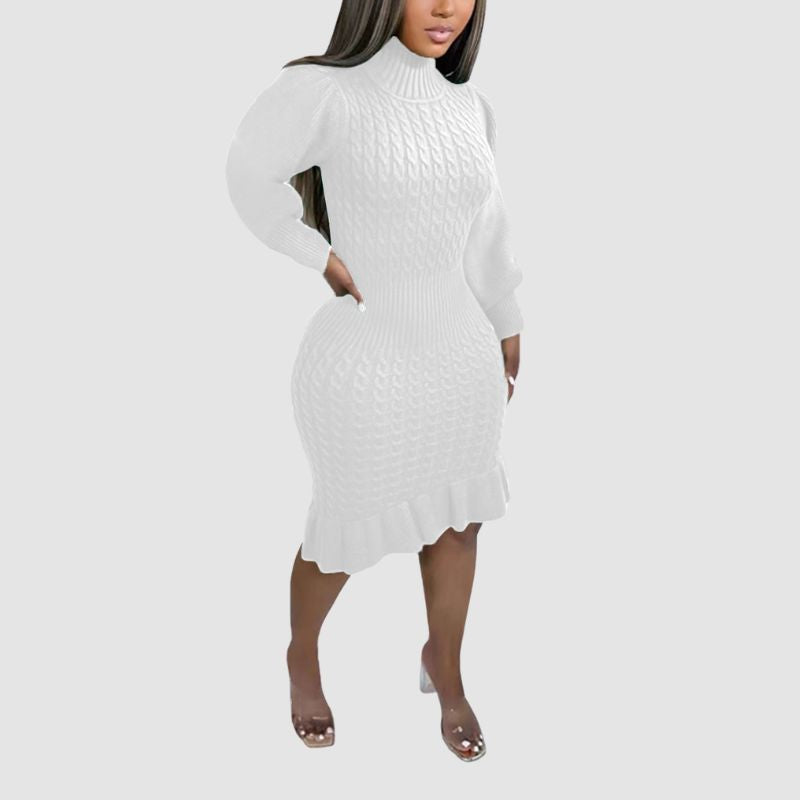 Ruffled Knitted Turtleneck Dress