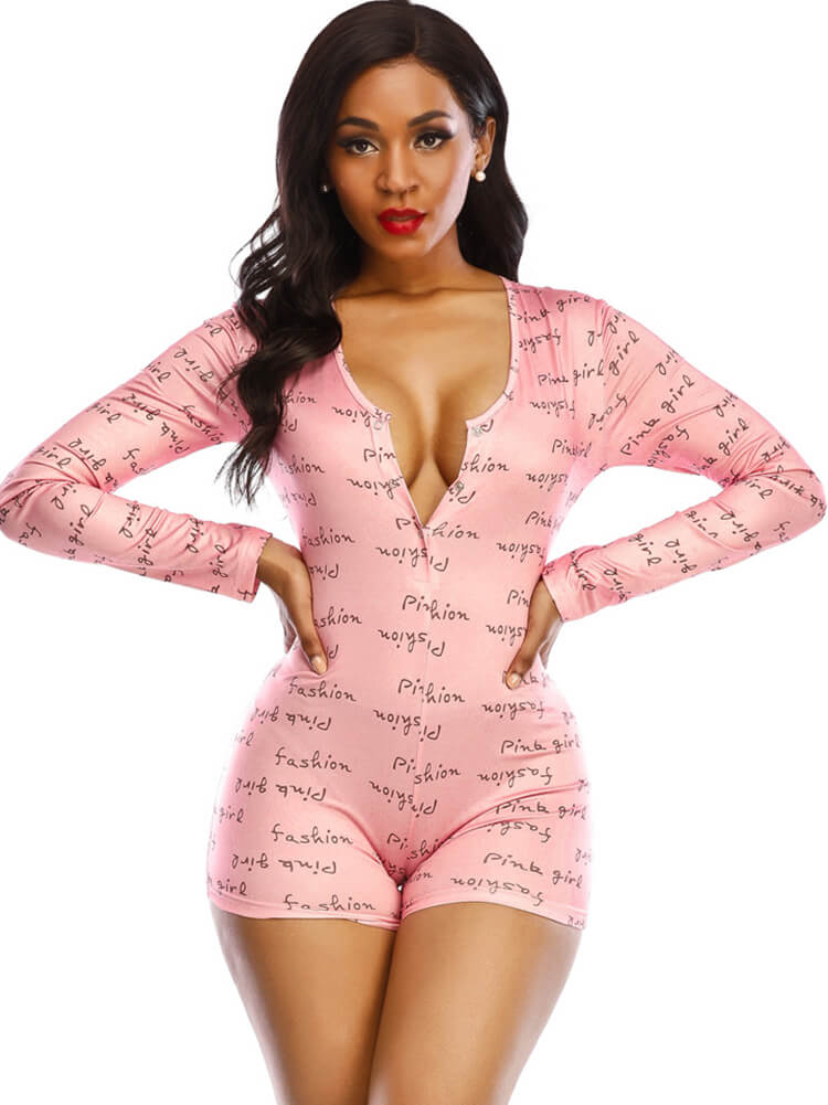 Long Sleeve Printed V Neck Romper