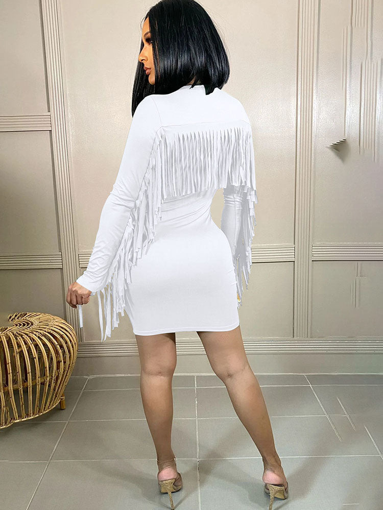 Long Sleeve Solid Color Tassel Mini Dress
