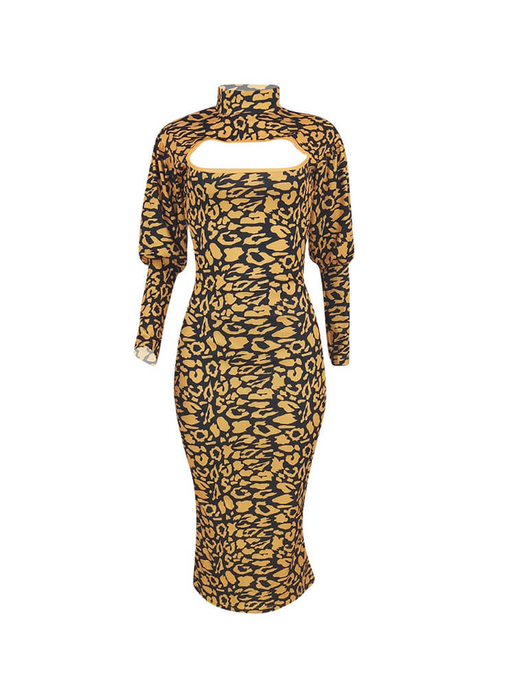 Long Sleeves Leopard Primt Midi Dress