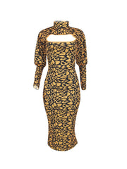 Long Sleeves Leopard Primt Midi Dress