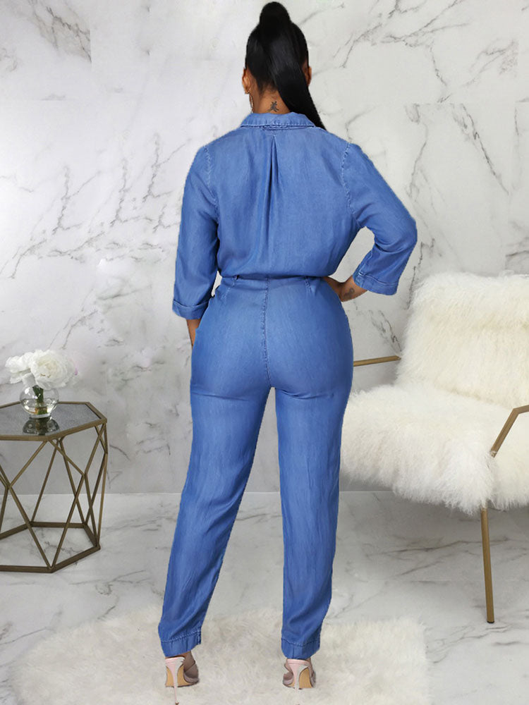 Denim Print Slim Fit Belted Jumpsuit