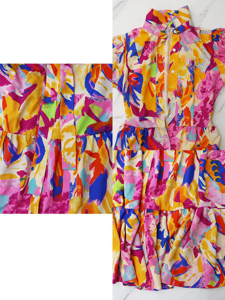 Short Lantern Sleeve Floral Print Midi Dress