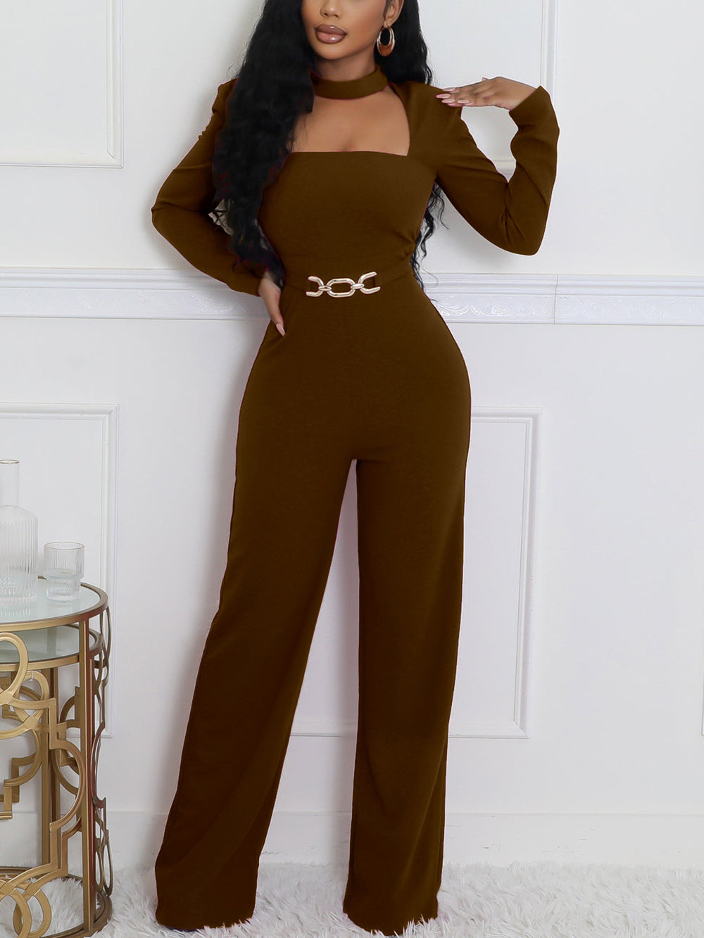 Long Sleeve Choker Waist Chain Jumpsuit