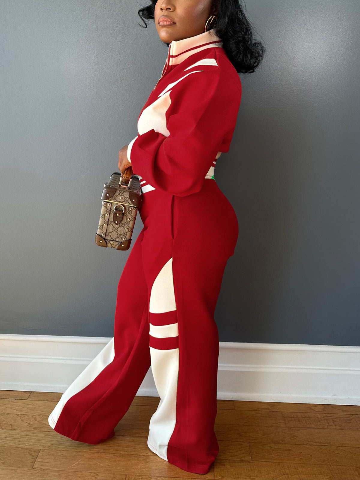 Zip Up Top Color Block Pants Set