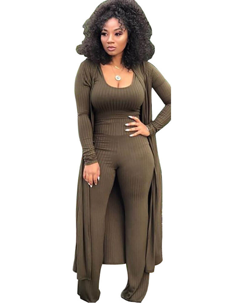 Three Pieces Set Crop Top Long Kimono Cardigan Pants