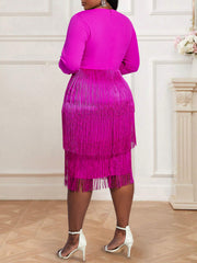 Tassels Long Sleeve Mesh Patchwork Midi Dress