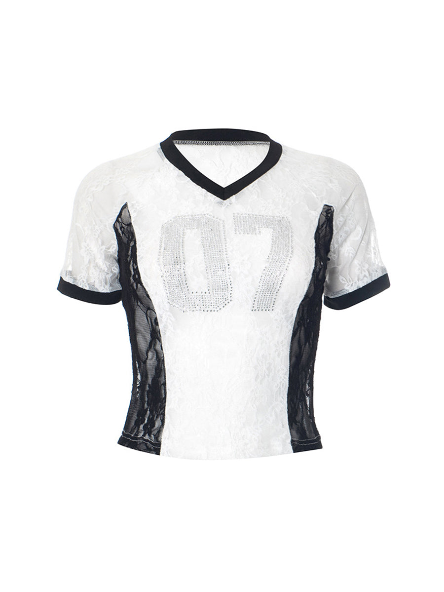 Rhinestone Mesh Lace Crop Top