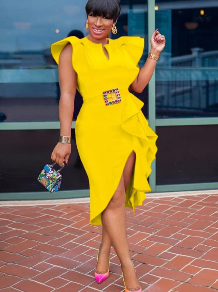 Sleevelesss Ruffle Patchwork Bodycon Midi Dress