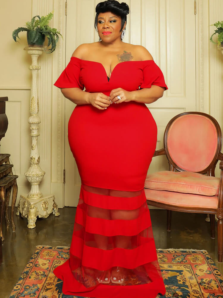 Off Shoulder Mesh Patchwork Bodycon Maxi Dress