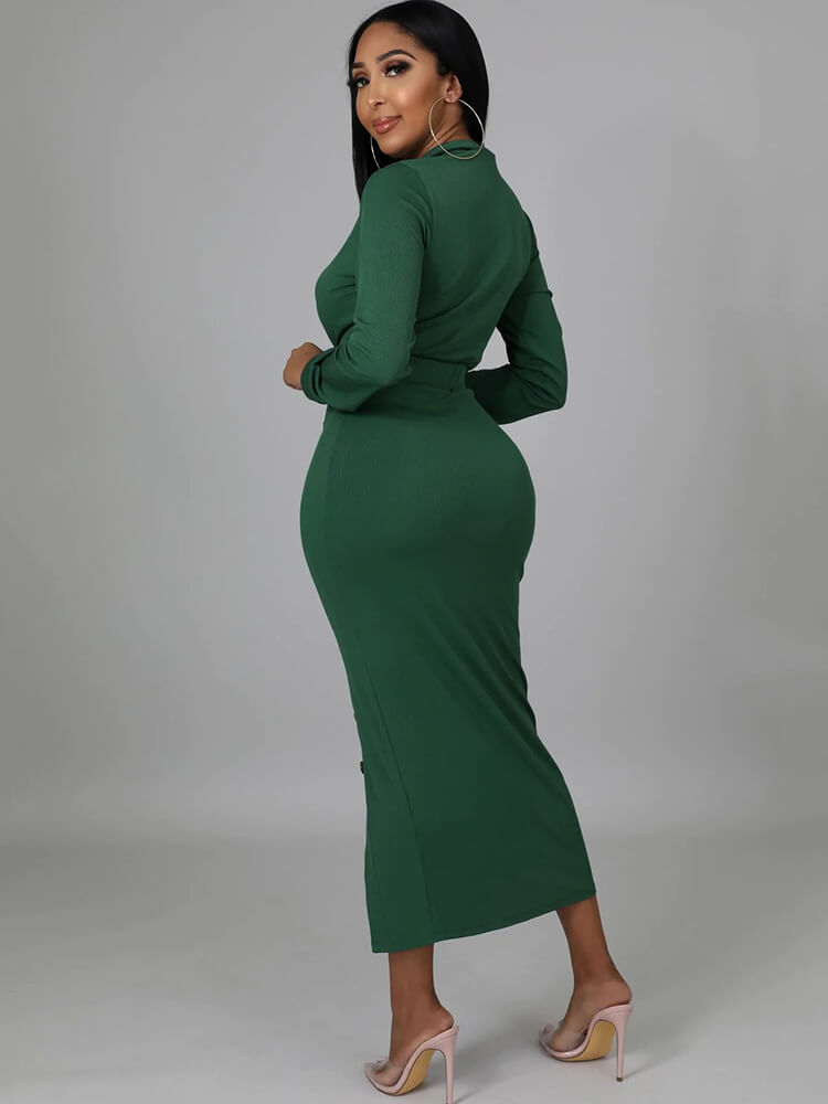 Long Sleeve V Neck Split Midi Dress