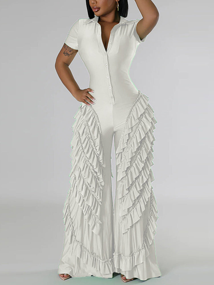Two Pieces Short Sleeve Ruffle Trim Jumpsuit