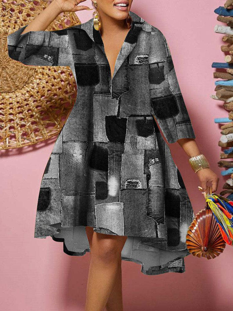 Long Sleeves V Neck Print Midi Dress