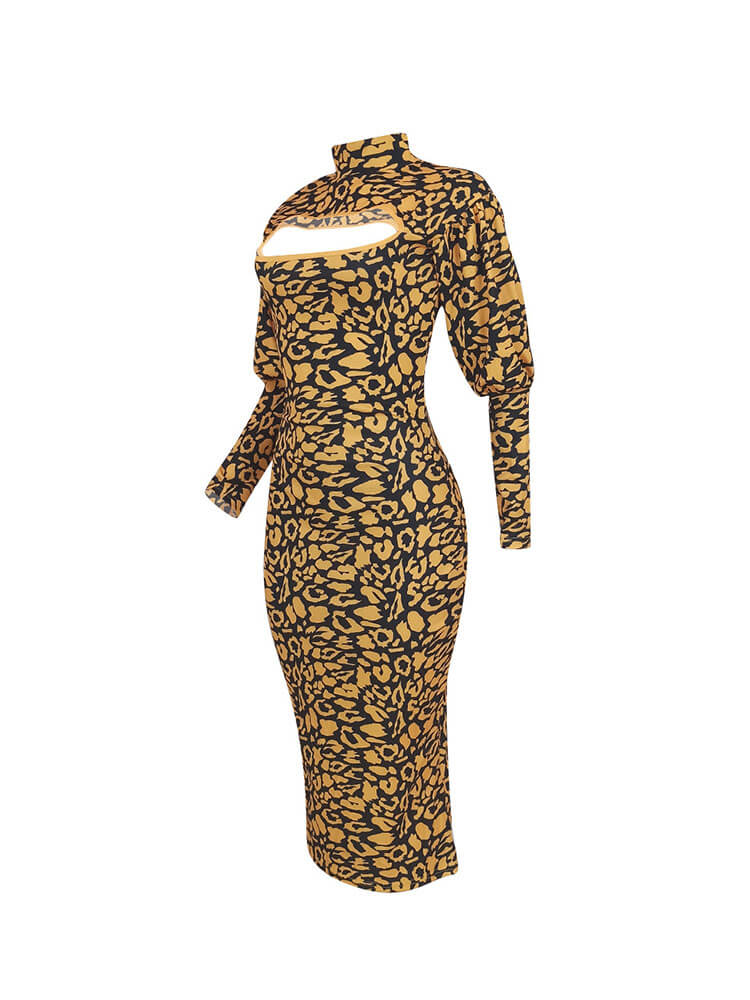 Long Sleeves Leopard Primt Midi Dress