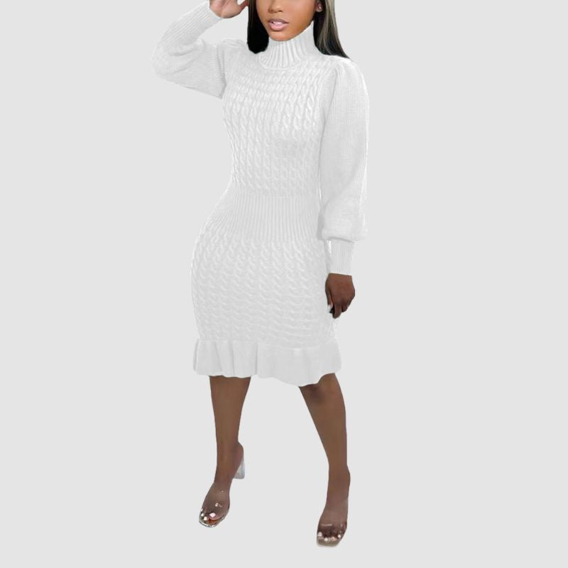 Ruffled Knitted Turtleneck Dress