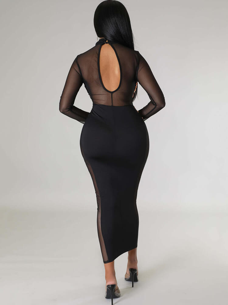 Mesh Sequin Patchwork Long Sleeve Midi Dress