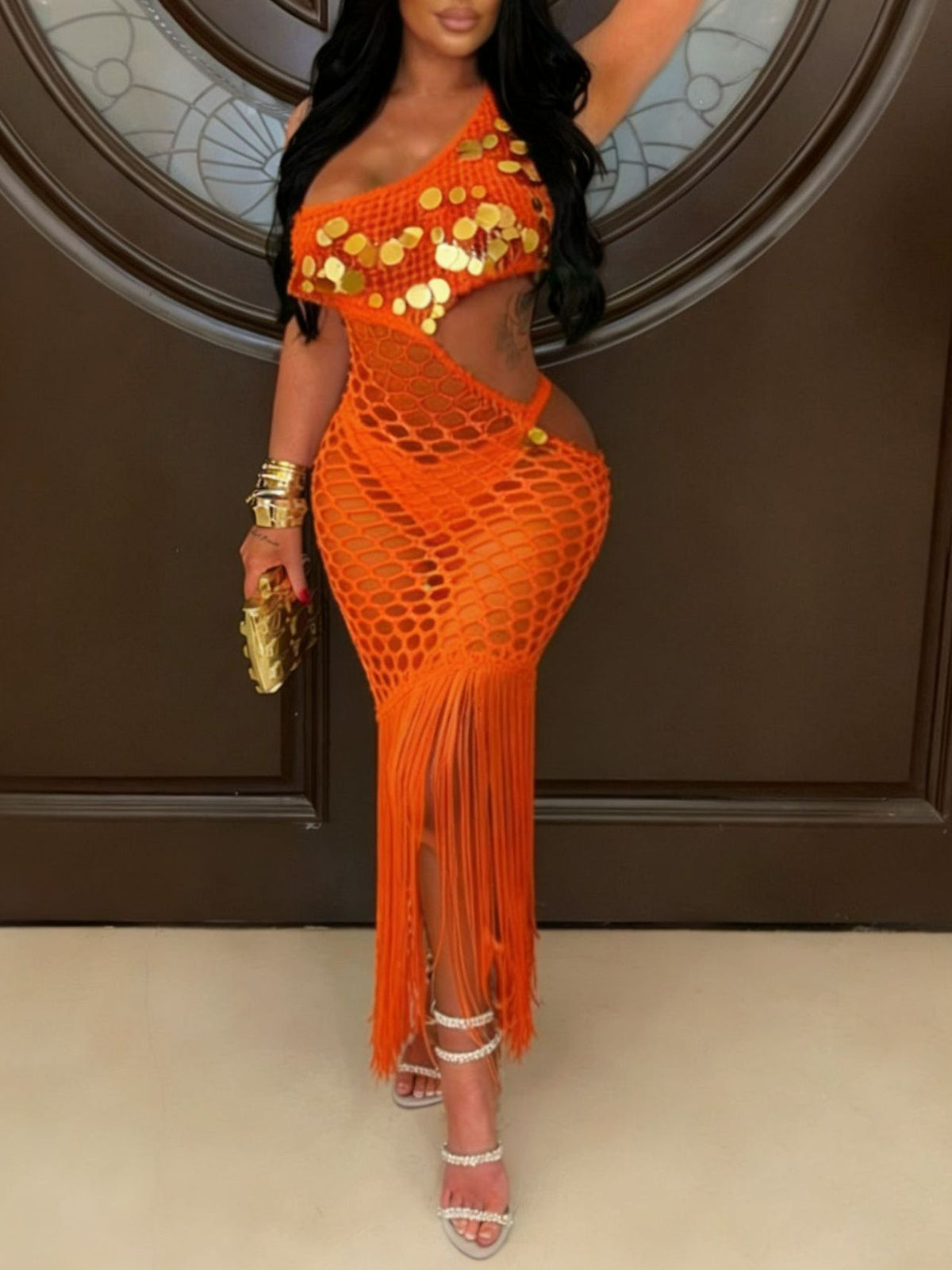 One Shoulder Crochet Fringe Sequin Beach Dress