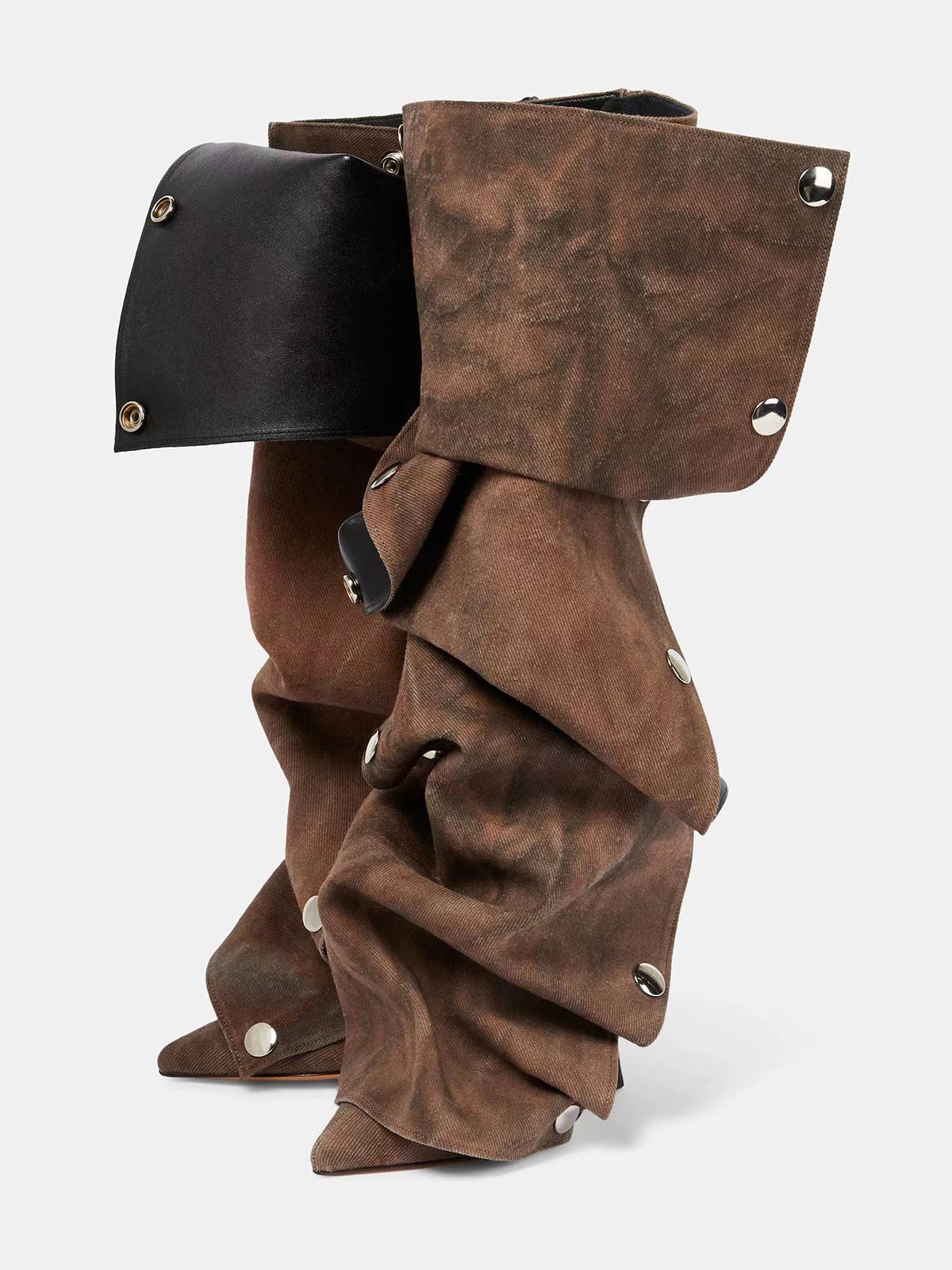 Studded Ruched Stacked Heel Long Boots