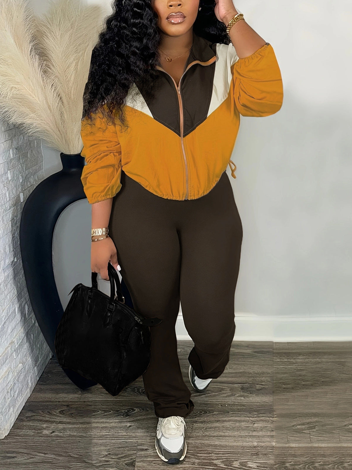 Color Block Zipper Cardigan and Tights Sports Set