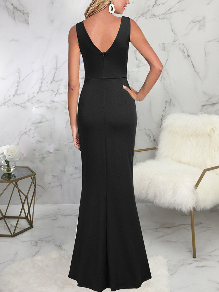 Sleeveless Ruched Split Maxi Dress