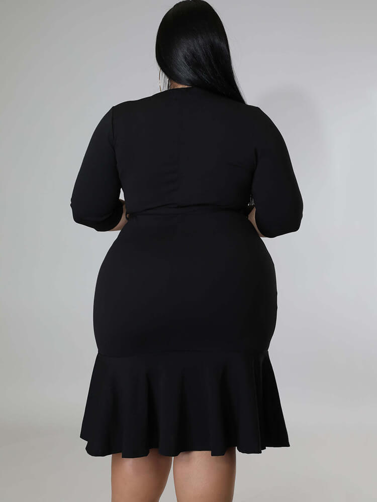 Half Sleeve Lace Up Ruffle Bodycon Midi Dress