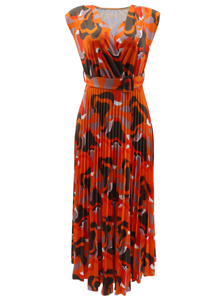 Sleeveless Printed Pleated Bodycon Maxi Dress