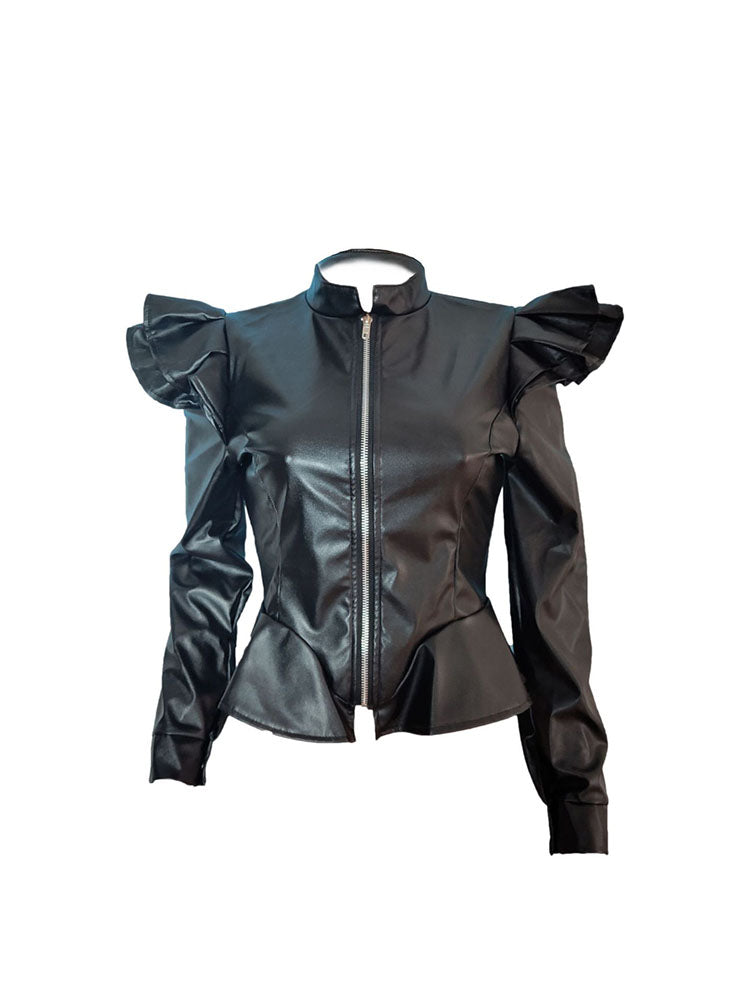 PU Leather Ruffle Long Sleeves Jacket