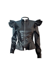 PU Leather Ruffle Long Sleeves Jacket