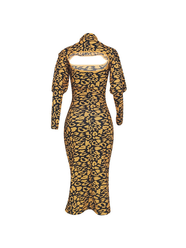 Long Sleeves Leopard Primt Midi Dress