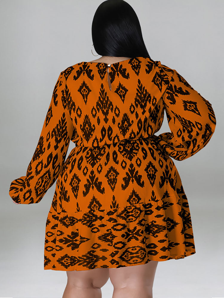 Plus Size Long Sleeves Round Neck Midi Dress