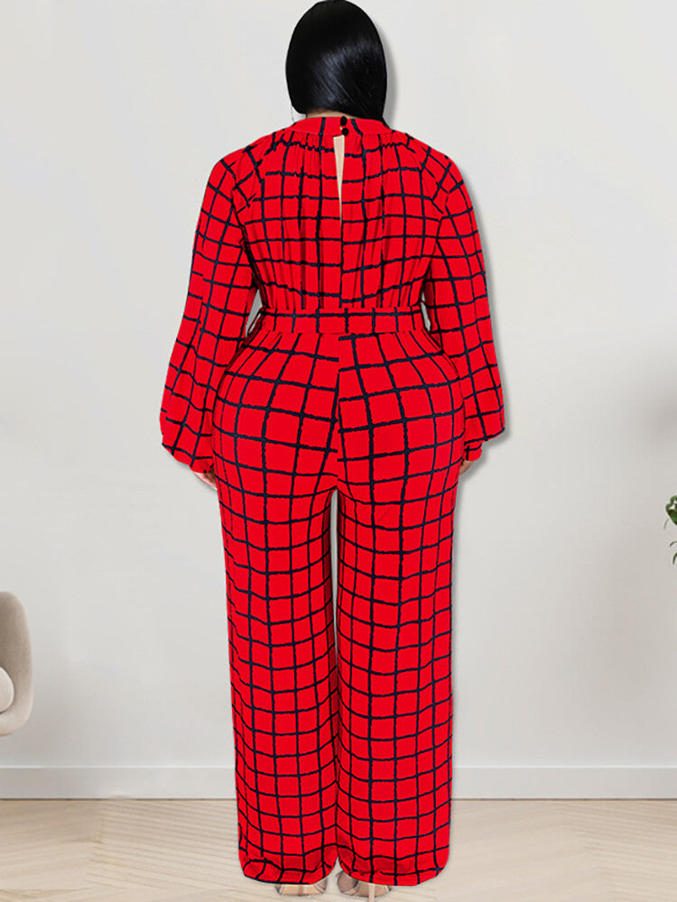 Long Sleeve Plaid Print Wide Leg Jumpsuit