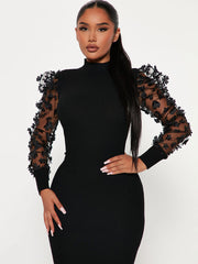 Mesh Patchwork Long Sleeve Floral Midi Dress