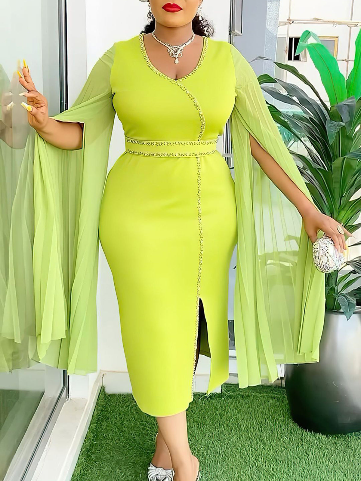Plus Size Pleated Long Sleeve Beaded Bodycon Dress