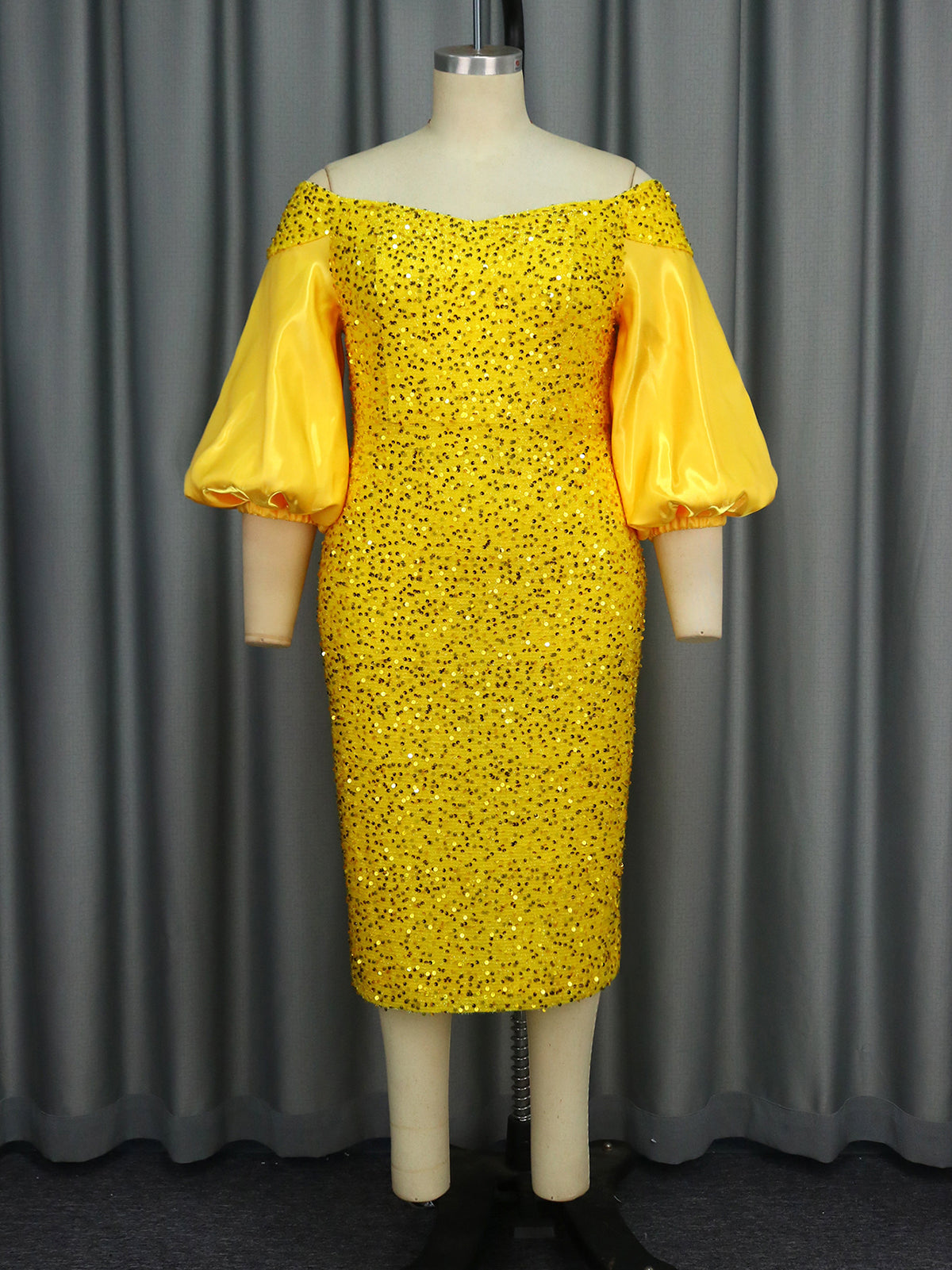 Off-Shoulder Puff Sleeves Sequin Midi Dress