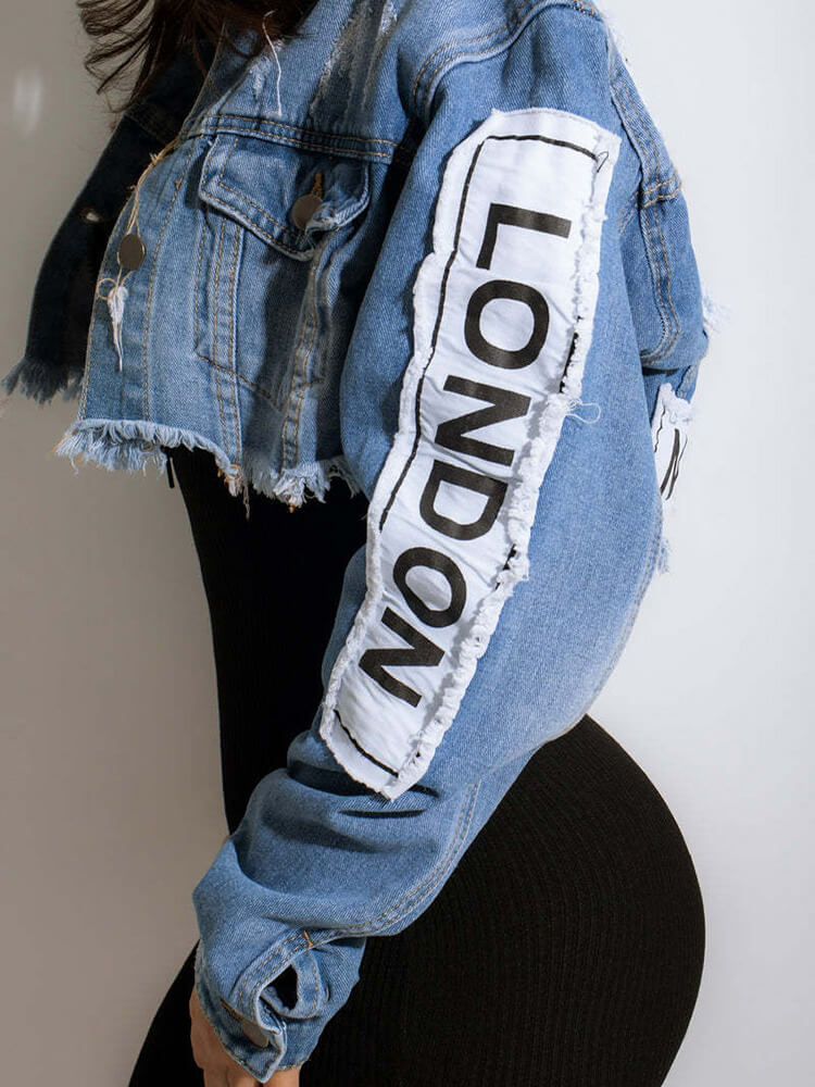 Denim Long Sleeve Letter Print Short Jacket