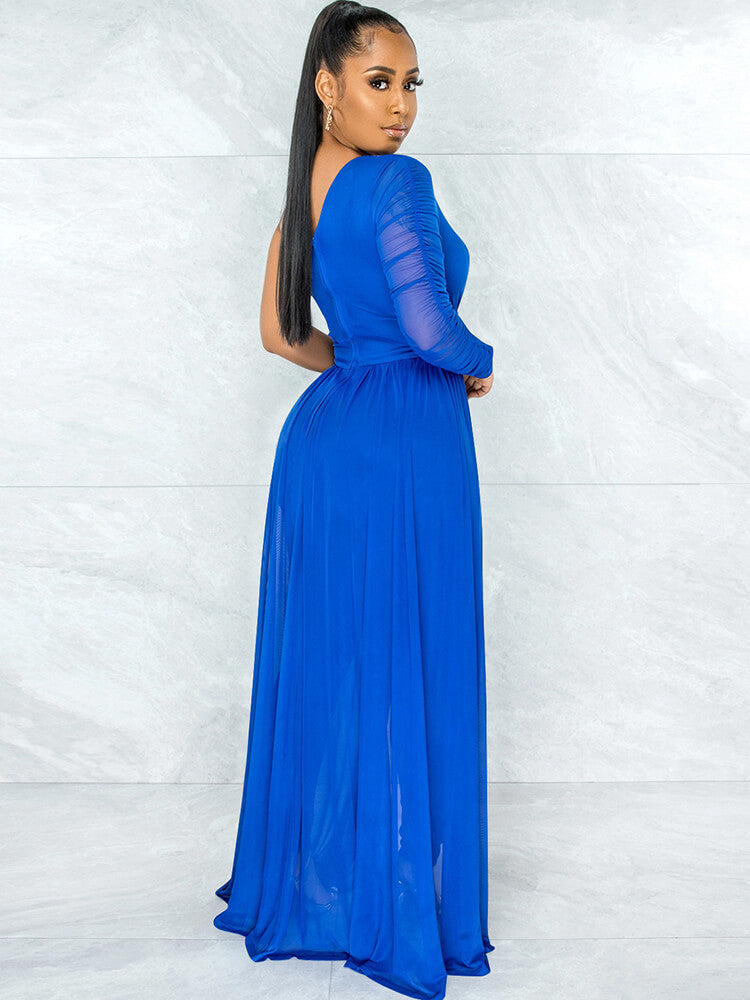 Mesh Patchwork One Shoulder Long Sleeve Jumpsuit