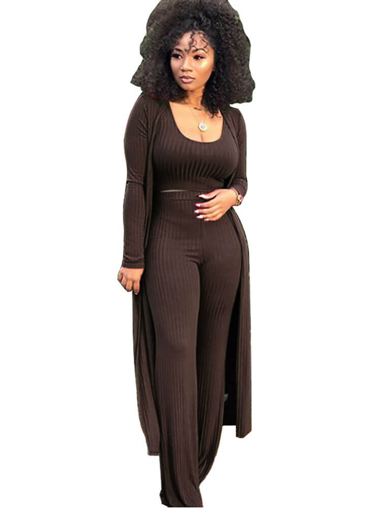 Three Pieces Set Crop Top Long Kimono Cardigan Pants