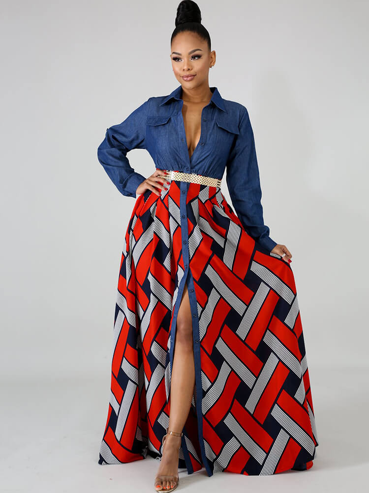 Denim Long Sleeve Plaid Patchwork Maxi Dress
