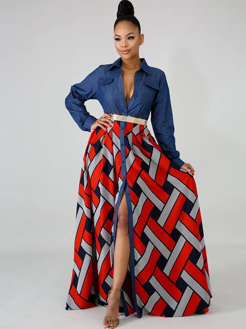 Robe maxi en jean à manches longues et à carreaux patchwork