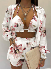 Three Piece Long Sleeve Ruffle Short Set