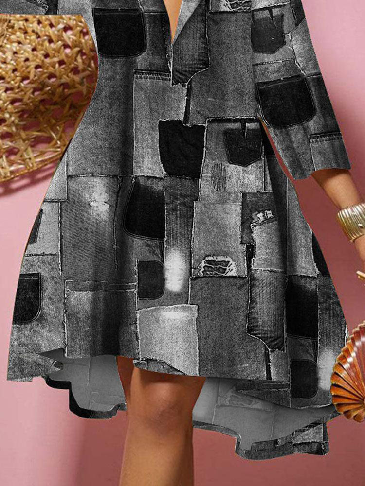 Long Sleeves V Neck Print Midi Dress