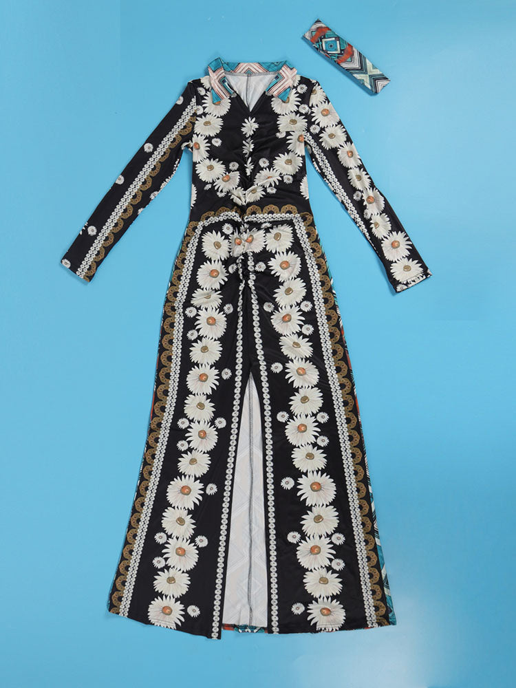 Floral Split Hem Bodycon Maxi Dress with Headscarf