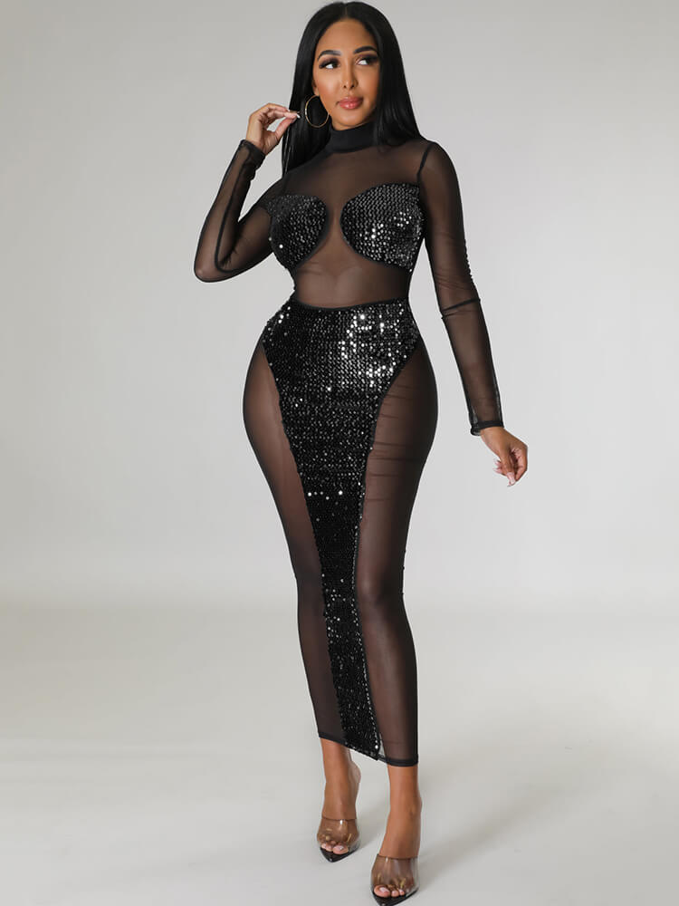 Mesh Sequin Patchwork Long Sleeve Midi Dress